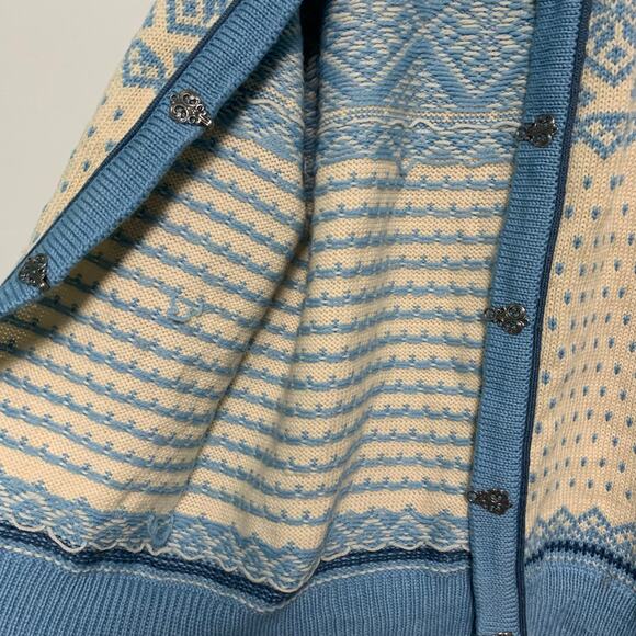DALE of Norway Vintage Fair Isle Pure Wool Nordic Blue Cream Cardigan Sweater S - Picture 2 of 7